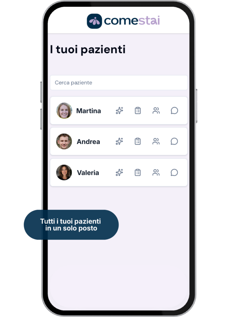 Elenco dei pazienti in carico nella piattaforma Comestai